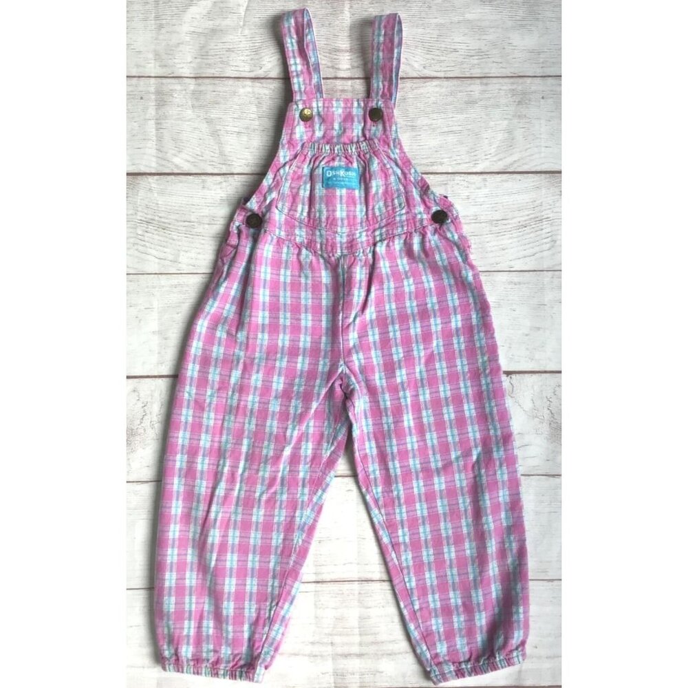OshKosh B'Gosh Vintage 90s Girls Overalls Size 3T Pink Blue Plaid Vestbak USA